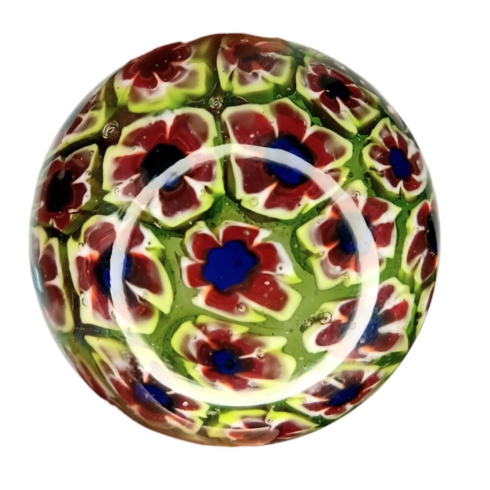 Vintage Millefiori  Paperweight Floral Handblown Art Glass Small Green Red Blue